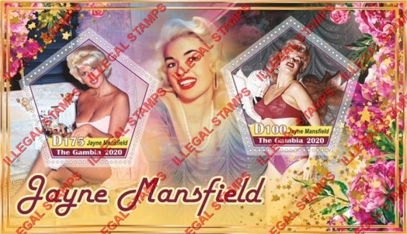 Gambia 2020 Jayne Mansfield Illegal Stamp Souvenir Sheet of 2 Gambia 2020 Jayne Mansfield Illegal Stamp Souvenir Sheet of 2