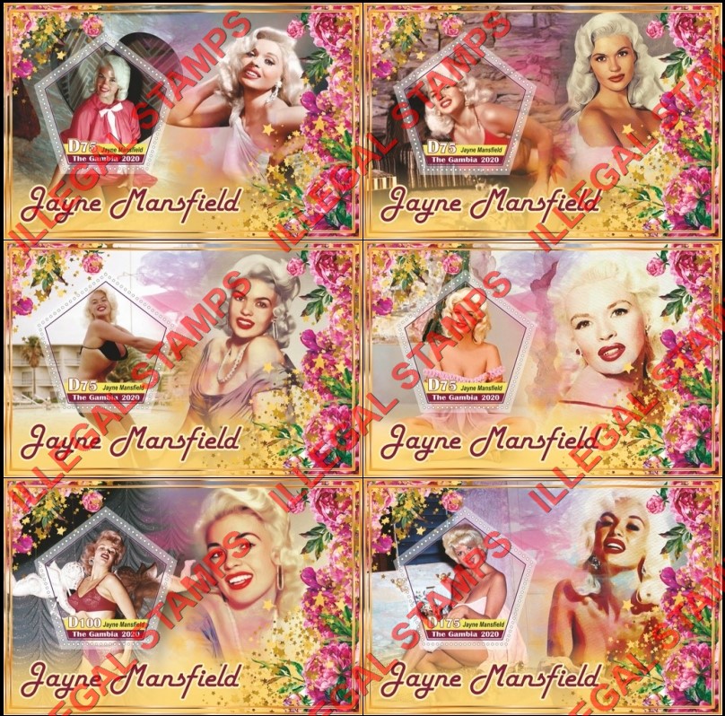 Gambia 2020 Jayne Mansfield Illegal Stamp Souvenir Sheets of 1 Gambia 2020 Jayne Mansfield Illegal Stamp Souvenir Sheets of 1