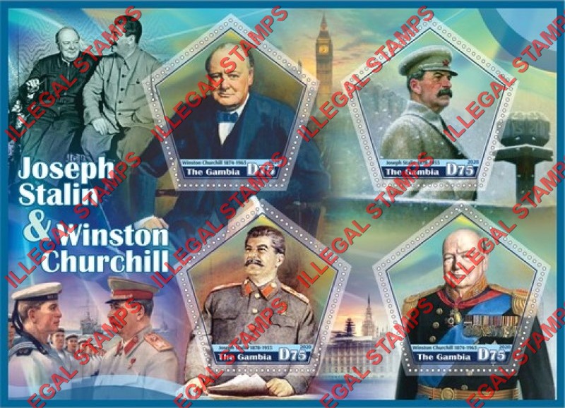 Gambia 2020 Joseph Stalin and Winston Churchill (different) Illegal Stamp Souvenir Sheet of 4 Gambia 2020 Joseph Stalin and Winston Churchill (different) Illegal Stamp Souvenir Sheet of 4