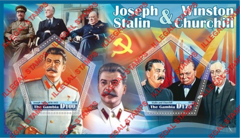 Gambia 2020 Joseph Stalin and Winston Churchill (different) Illegal Stamp Souvenir Sheet of 2 Gambia 2020 Joseph Stalin and Winston Churchill (different) Illegal Stamp Souvenir Sheet of 2