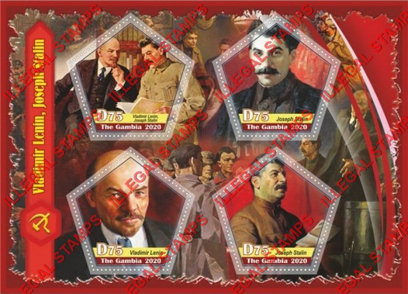 Gambia 2020 Lenin and Stalin Illegal Stamp Souvenir Sheet of 4 Gambia 2020 Lenin and Stalin Illegal Stamp Souvenir Sheet of 4