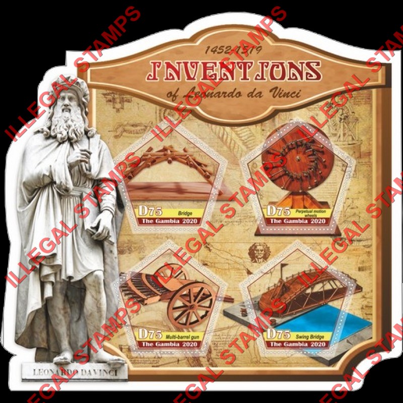 Gambia 2020 Leonardo da Vinci Inventions Illegal Stamp Souvenir Sheet of 4 Gambia 2020 Leonardo da Vinci Inventions Illegal Stamp Souvenir Sheet of 4