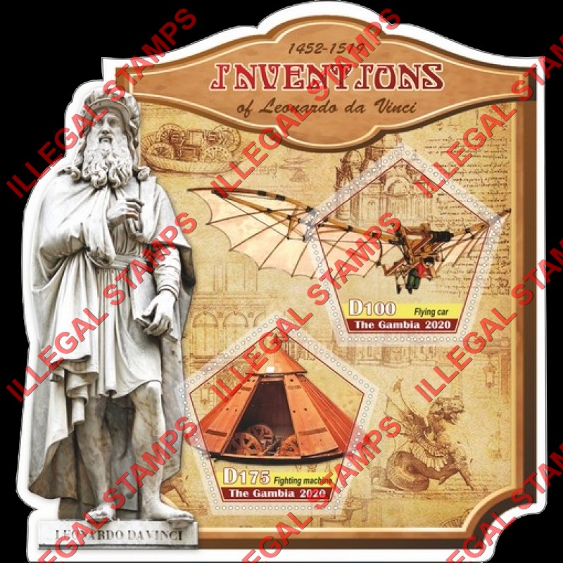 Gambia 2020 Leonardo da Vinci Inventions Illegal Stamp Souvenir Sheet of 2 Gambia 2020 Leonardo da Vinci Inventions Illegal Stamp Souvenir Sheet of 2
