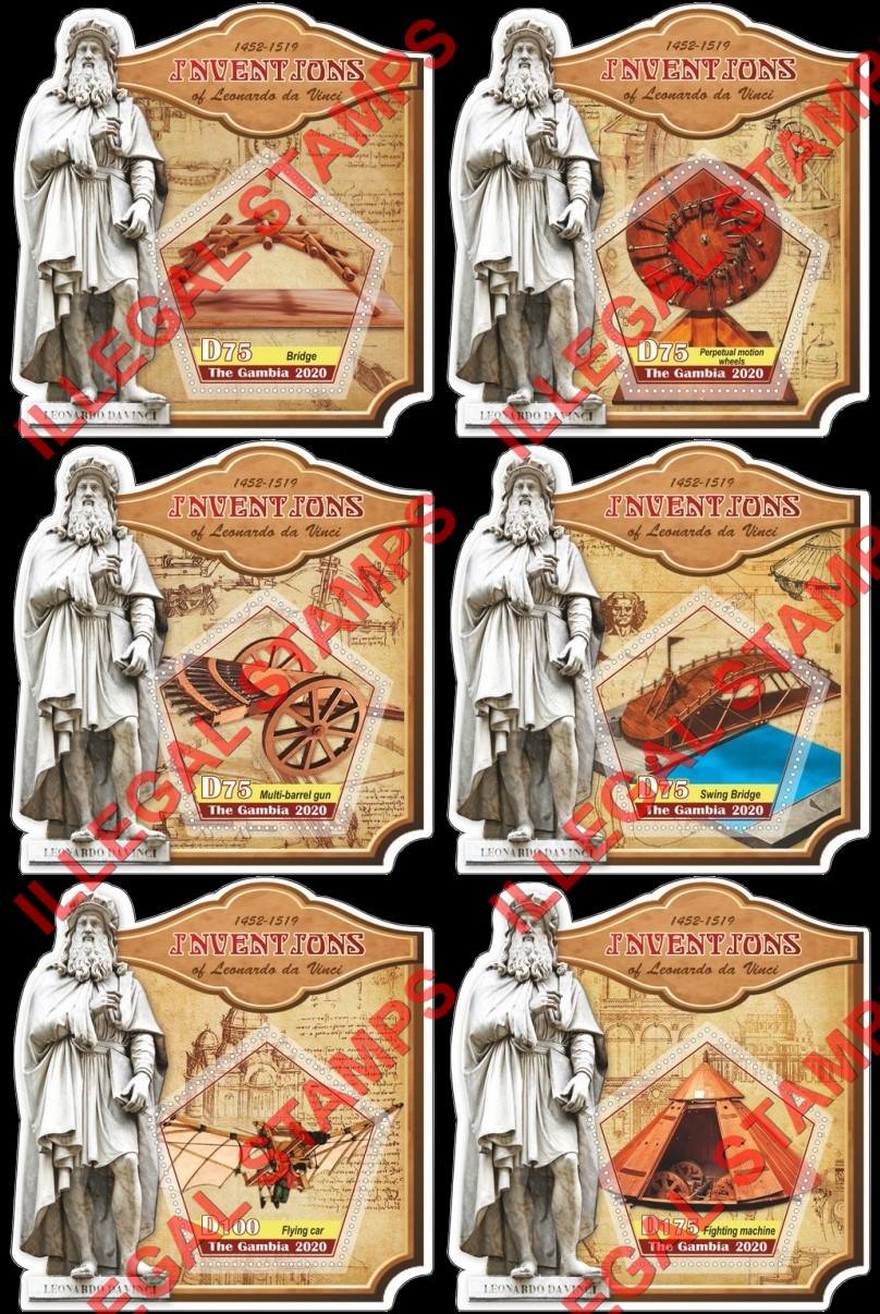 Gambia 2020 Leonardo da Vinci Inventions Illegal Stamp Souvenir Sheets of 1 Gambia 2020 Leonardo da Vinci Inventions Illegal Stamp Souvenir Sheets of 1