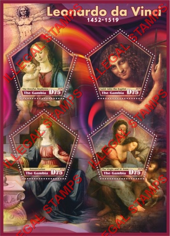 Gambia 2020 Leonardo da Vinci Paintings Illegal Stamp Souvenir Sheet of 4 Gambia 2020 Leonardo da Vinci Paintings Illegal Stamp Souvenir Sheet of 4