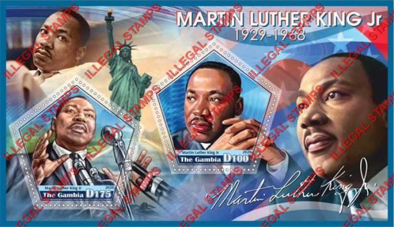 Gambia 2020 Martin Luther King Jr. Illegal Stamp Souvenir Sheet of 2 Gambia 2020 Martin Luther King Jr. Illegal Stamp Souvenir Sheet of 2