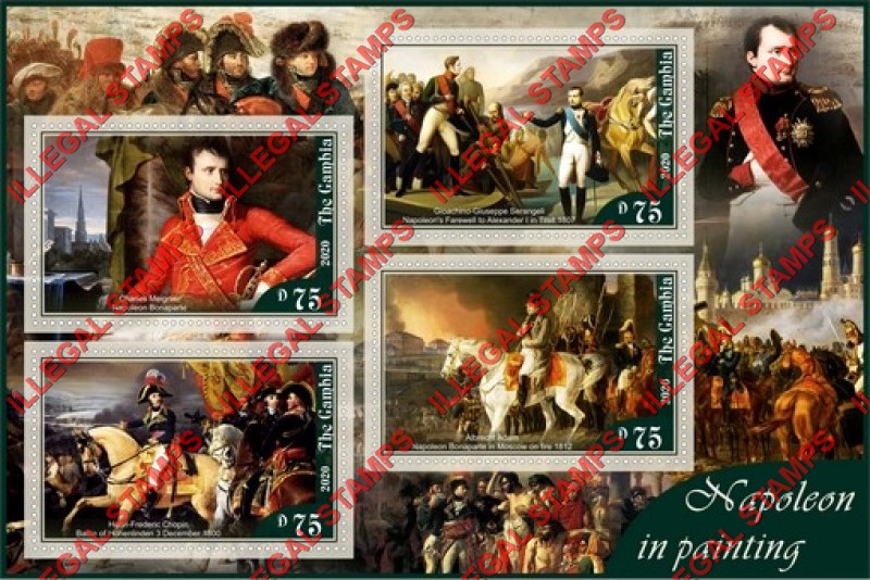 Gambia 2020 Napoleon in Paintings Illegal Stamp Souvenir Sheet of 4 Gambia 2020 Napoleon in Paintings Illegal Stamp Souvenir Sheet of 4