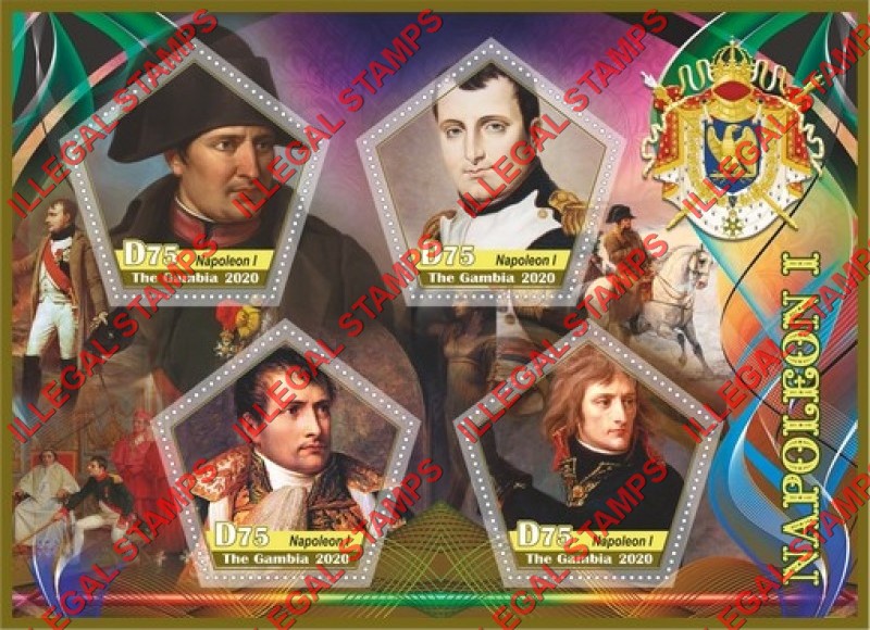 Gambia 2020 Napoleon Illegal Stamp Souvenir Sheet of 4 Gambia 2020 Napoleon Illegal Stamp Souvenir Sheet of 4