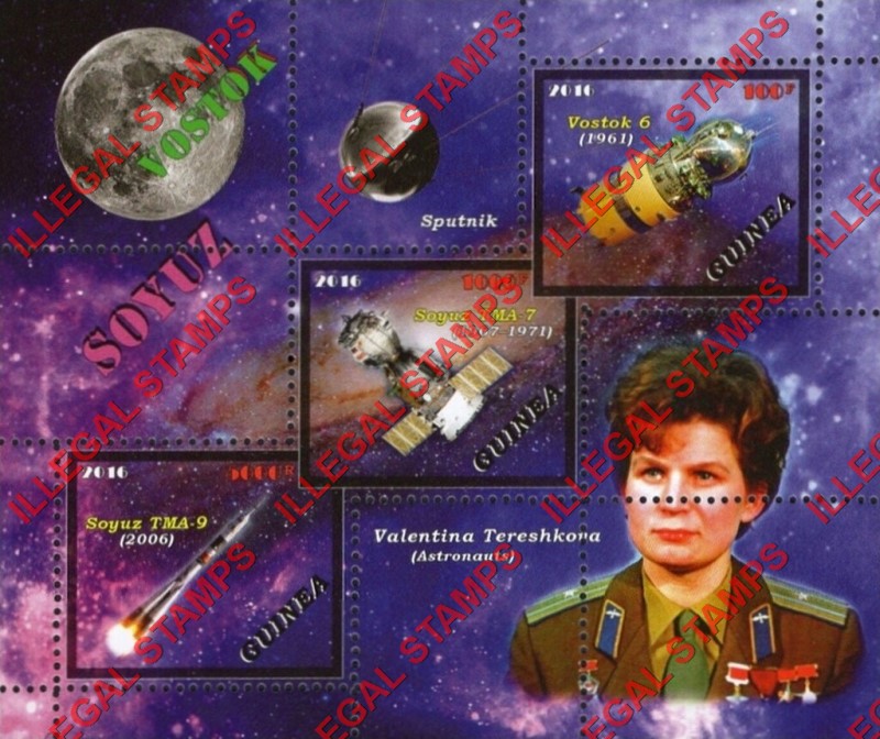Guinea 2016 Space Soyuz and Vostok Illegal Stamp Souvenir Sheet of 3 Guinea 2016 Space Soyuz and Vostok Illegal Stamp Souvenir Sheet of 3