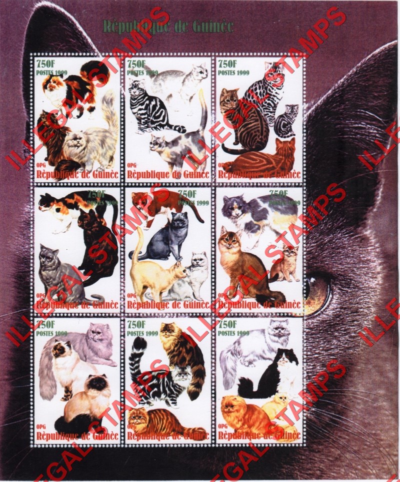 Guinea Republic 1999 Cats Illegal Stamp Souvenir Sheet of 9 Guinea Republic 1999 Cats Illegal Stamp Souvenir Sheet of 9