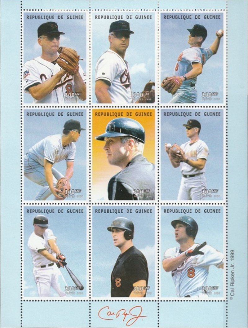 Guinea Republic 1999 Cal Ripken Jr. Baseball Legend Stamp Souvenir Sheet of 9 Michel Catalog No. 2223-2231 Guinea Republic 1999 Cal Ripken Jr. Baseball Legend Stamp Souvenir Sheet of 9 Michel Catalog No. 2223-2231