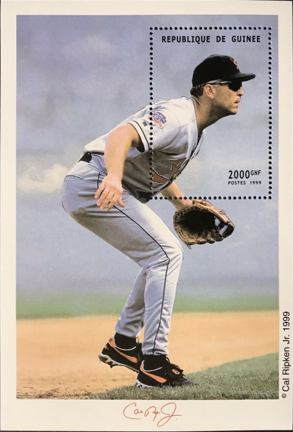 Guinea Republic 1999 Cal Ripken Jr. Baseball Legend Stamp Souvenir Sheet of 1 Michel Catalog No. BL592 Guinea Republic 1999 Cal Ripken Jr. Baseball Legend Stamp Souvenir Sheet of 1 Michel Catalog No. BL592