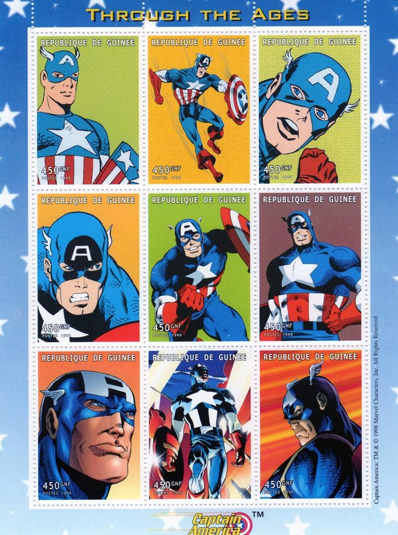 Guinea Republic 1999 Captain America Stamp Souvenir Sheet of 9 Michel Catalog No. 2296-2304 Guinea Republic 1999 Captain America Stamp Souvenir Sheet of 9 Michel Catalog No. 2296-2304