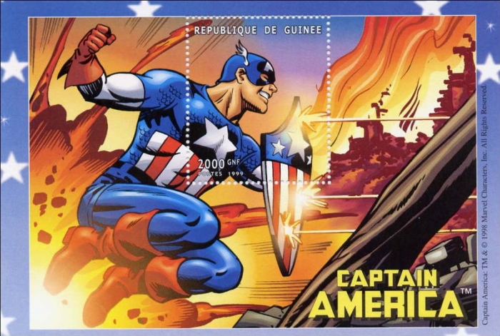 Guinea Republic 1999 Captain America Stamp Souvenir Sheet of 1 Michel Catalog No. BL578 Guinea Republic 1999 Captain America Stamp Souvenir Sheet of 1 Michel Catalog No. BL578