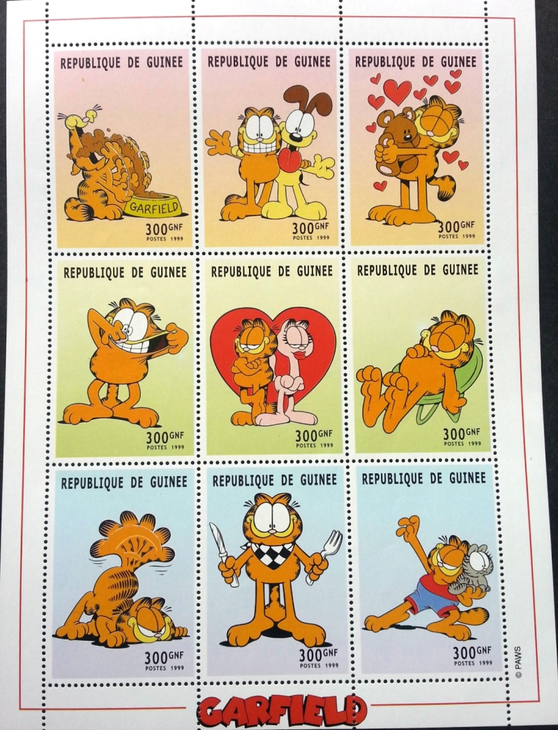 Guinea Republic 1999 Garfield Stamp Souvenir Sheet of 9 Michel Catalog No. no reference, Yvert Catalog No. no reference Guinea Republic 1999 Garfield Stamp Souvenir Sheet of 9 Michel Catalog No. no reference, Yvert Catalog No. no reference
