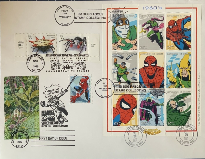 Guinea Republic 1999 Spiderman Stamp Souvenir Sheet of 9 on Fake First Day Cover Michel Catalog No. 2265-2273 Guinea Republic 1999 Spiderman Stamp Souvenir Sheet of 9 on Fake First Day Cover Michel Catalog No. 2265-2273