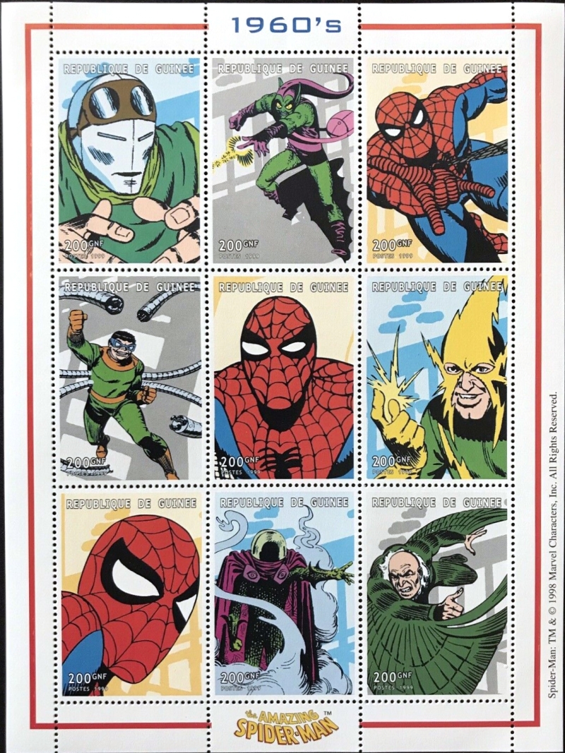 Guinea Republic 1999 Spiderman Stamp Souvenir Sheet of 9 Michel Catalog No. 2265-2273 Guinea Republic 1999 Spiderman Stamp Souvenir Sheet of 9 Michel Catalog No. 2265-2273