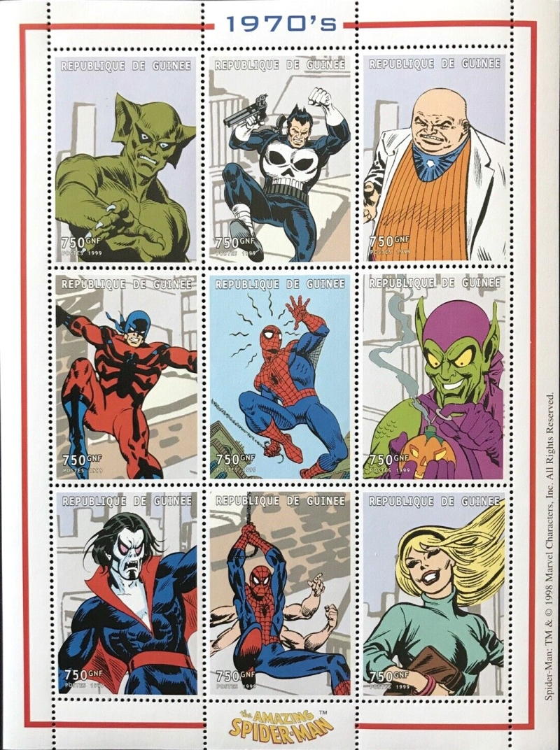 Guinea Republic 1999 Spiderman Stamp Souvenir Sheet of 9 Michel Catalog No. 2274-2282 Guinea Republic 1999 Spiderman Stamp Souvenir Sheet of 9 Michel Catalog No. 2274-2282