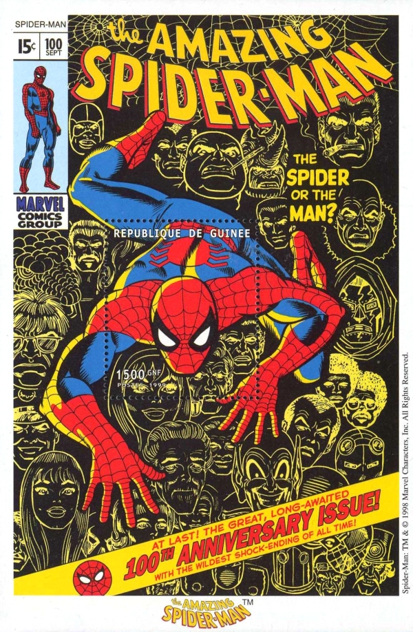Guinea Republic 1999 Spiderman Stamp Souvenir Sheet of 1 Michel Catalog No. BL574 Guinea Republic 1999 Spiderman Stamp Souvenir Sheet of 1 Michel Catalog No. BL574