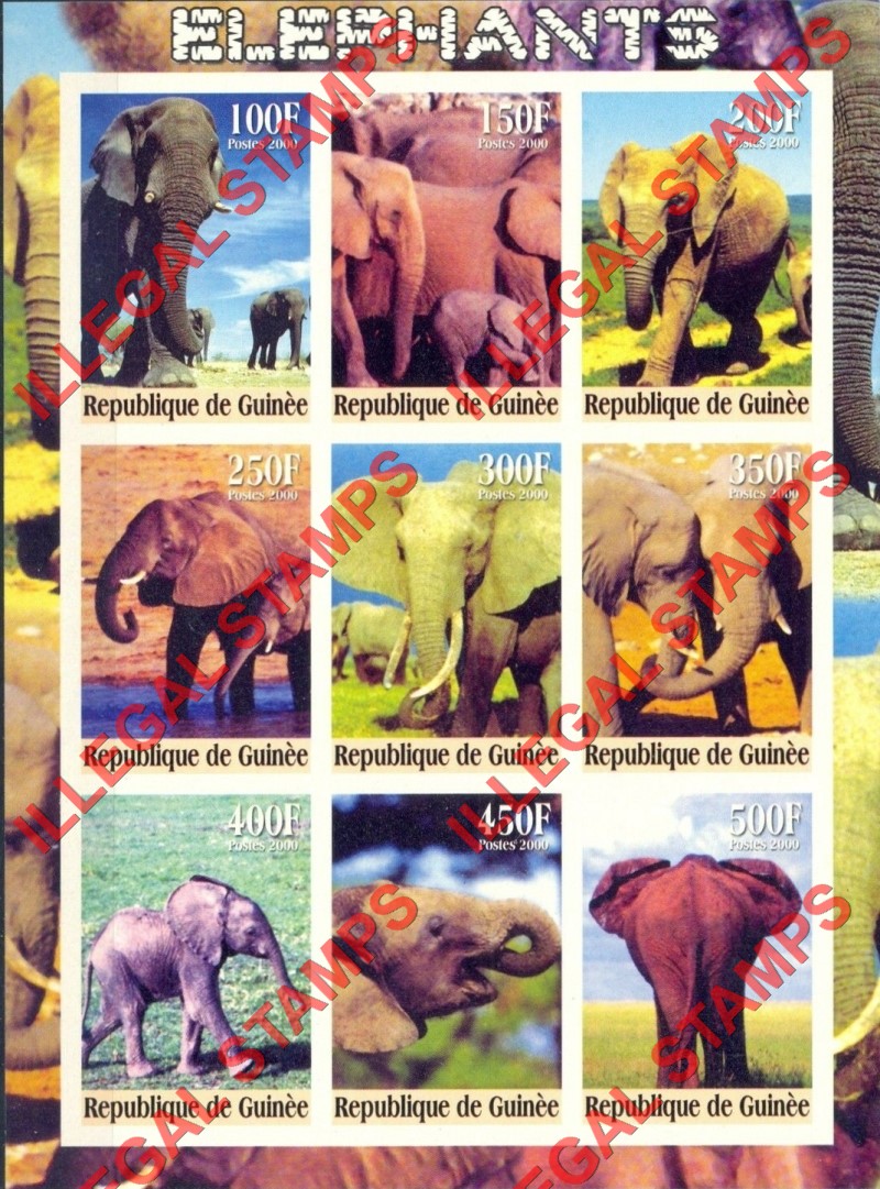 Guinea Republic 2000 Elephants Illegal Stamp Souvenir Sheet of 9 Guinea Republic 2000 Elephants Illegal Stamp Souvenir Sheet of 9