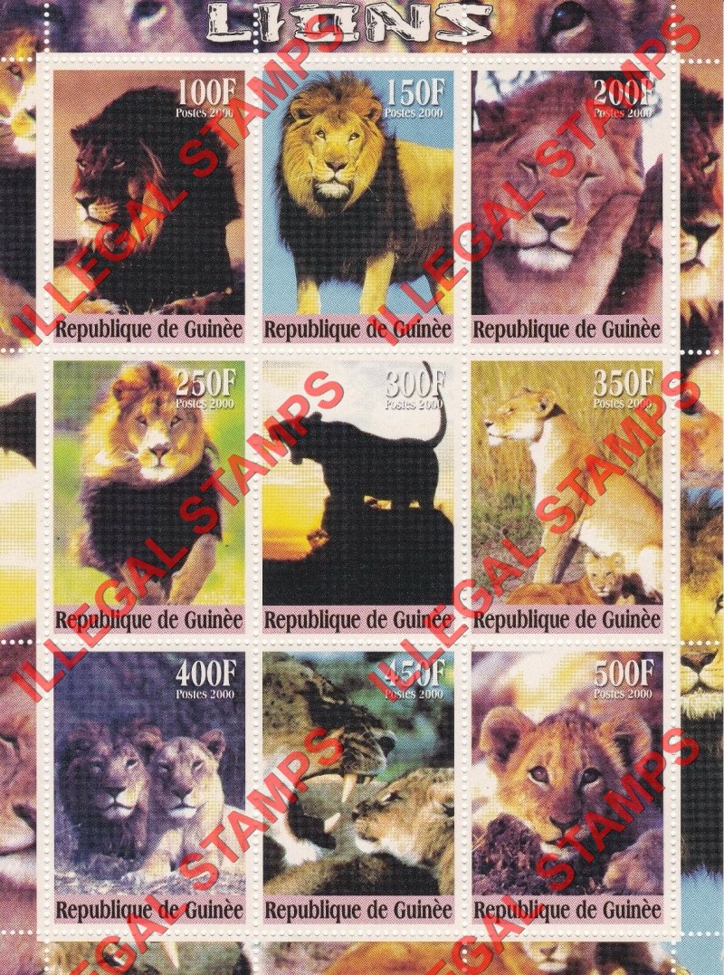 Guinea Republic 2000 Lions Illegal Stamp Souvenir Sheet of 9 Guinea Republic 2000 Lions Illegal Stamp Souvenir Sheet of 9