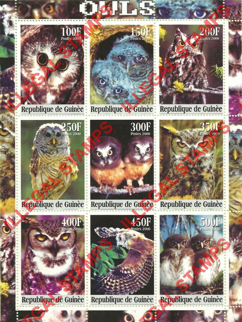 Guinea Republic 2000 Owls Illegal Stamp Souvenir Sheet of 9 Guinea Republic 2000 Owls Illegal Stamp Souvenir Sheet of 9