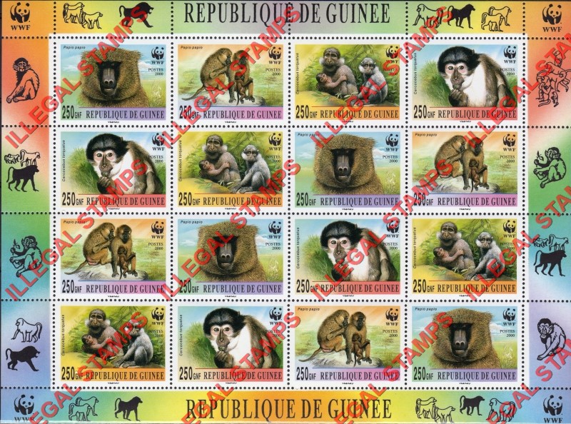 Guinea Republic 2000 WWF (World Wildlife Foundation) Magaby Baboons Illegal Stamp Souvenir Sheets of 16 Guinea Republic 2000 WWF (World Wildlife Foundation) Magaby Baboons Illegal Stamp Souvenir Sheet of 16