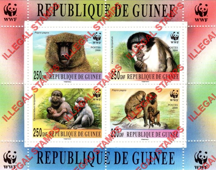 Guinea Republic 2000 WWF (World Wildlife Foundation) Magaby Baboons Illegal Stamp Souvenir Sheets of 4 Guinea Republic 2000 WWF (World Wildlife Foundation) Magaby Baboons Illegal Stamp Souvenir Sheet of 4