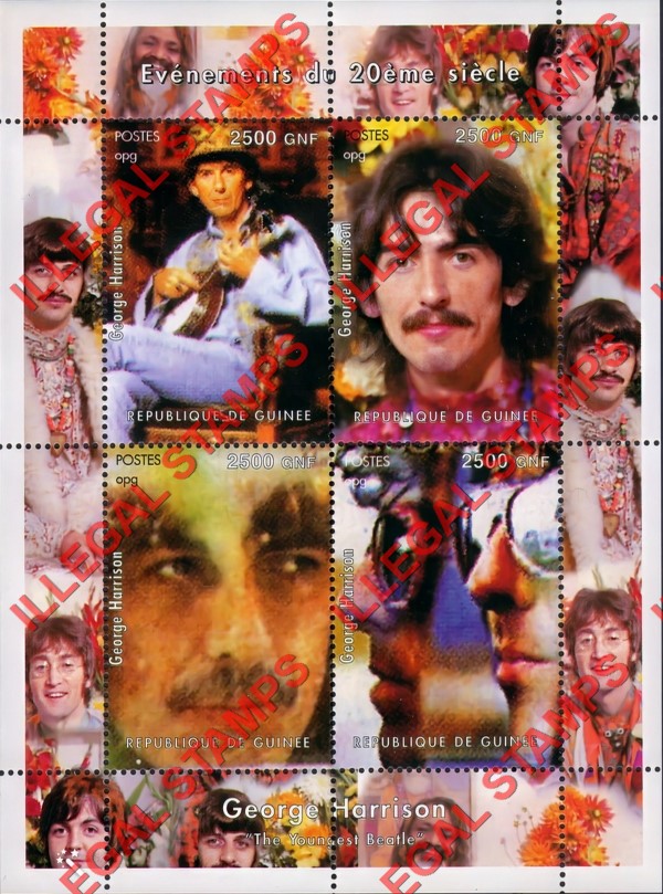 Guinea Republic 2001 Events of the 20th Century George Harrison of The Beatles Illegal Stamp Souvenir Sheet of 4 Guinea Republic 2001 Events of the 20th Century George Harrison of The Beatles Illegal Stamp Souvenir Sheet of 4
