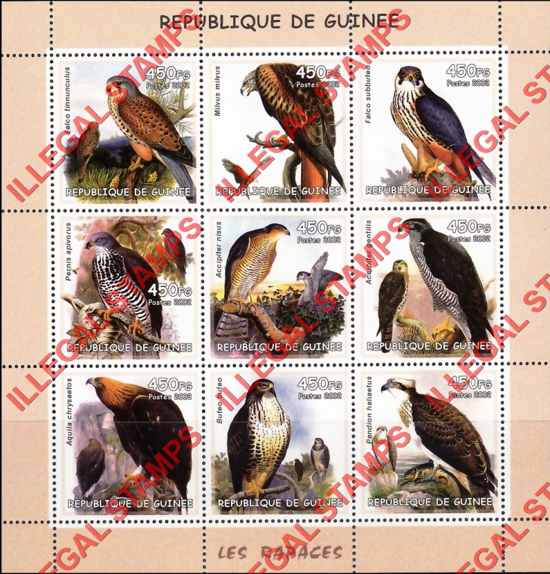 Guinea Republic 2002 Birds of Prey Raptors Illegal Stamp Souvenir Sheet of 9 Guinea Republic 2002 Birds of Prey Raptors Illegal Stamp Souvenir Sheet of 9