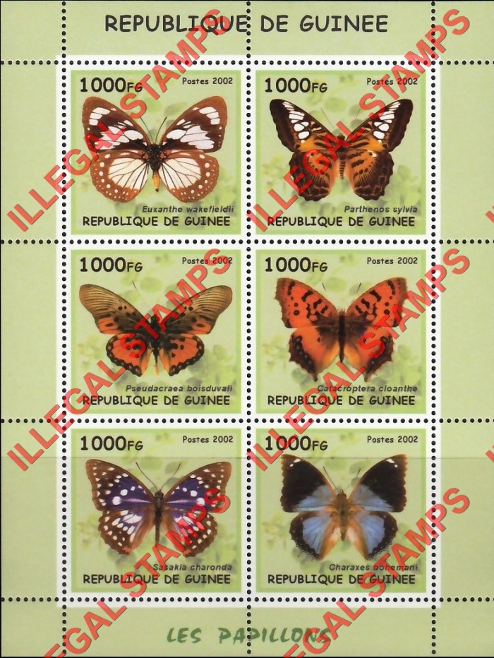 Guinea Republic 2002 Butterflies Illegal Stamp Souvenir Sheet of 6 Guinea Republic 2002 Butterflies Illegal Stamp Souvenir Sheet of 6
