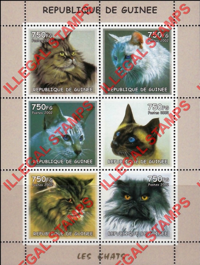 Guinea Republic 2002 Cats Illegal Stamp Souvenir Sheet of 6 Guinea Republic 2002 Cats Illegal Stamp Souvenir Sheet of 6