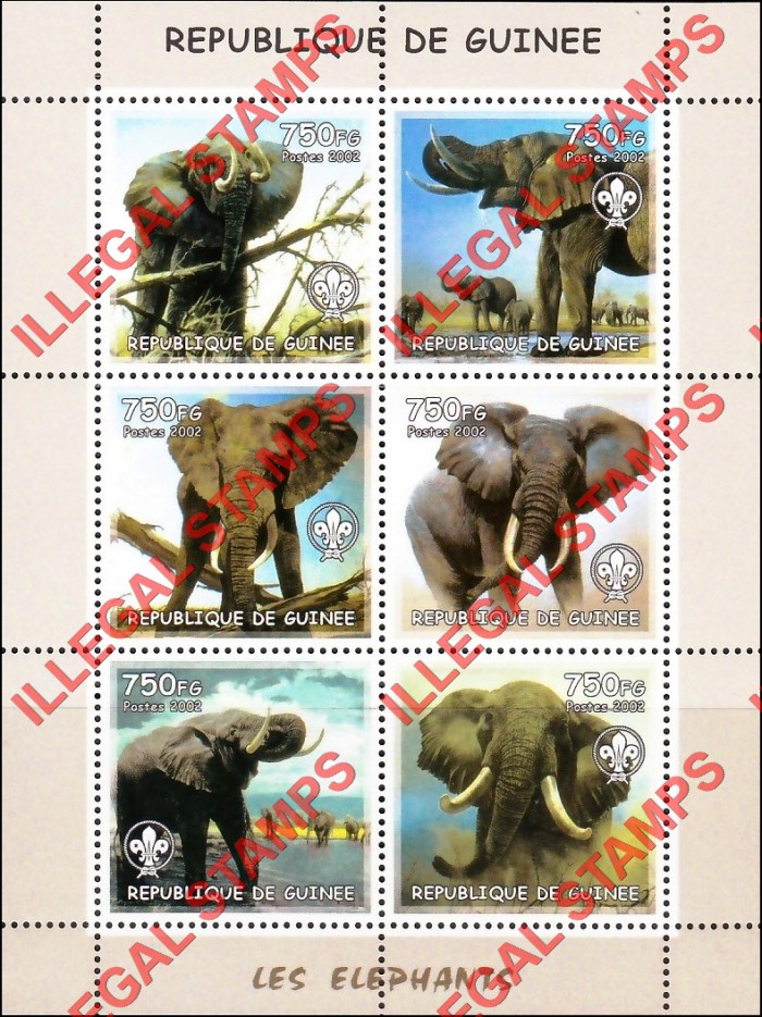 Guinea Republic 2002 Elephants Illegal Stamp Souvenir Sheet of 6 Guinea Republic 2002 Elephants Illegal Stamp Souvenir Sheet of 6