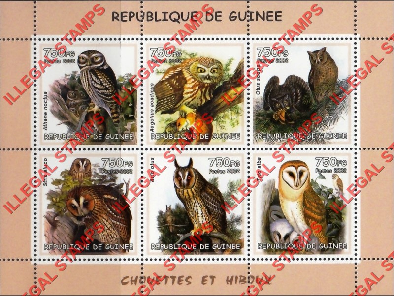 Guinea Republic 2002 Owls Illegal Stamp Souvenir Sheet of 6 Guinea Republic 2002 Owls Illegal Stamp Souvenir Sheet of 6