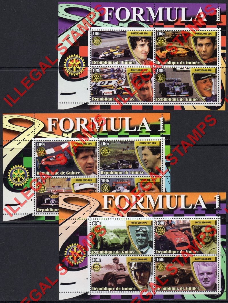 Guinea Republic 2003 Formula I Cars and Drivers Illegal Stamp Souvenir Sheets of 4 (Part 1) Guinea Republic 2003 Formula I Cars and Drivers Illegal Stamp Souvenir Sheets of 4 (Part 1)