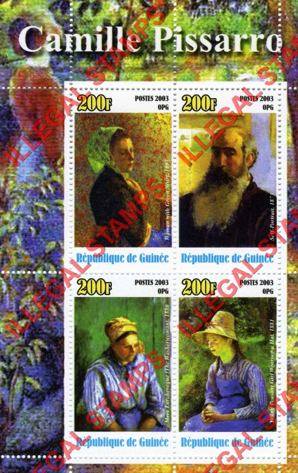 Guinea Republic 2003 Paintings by Camille Pissarro Illegal Stamp Souvenir Sheet of 4 Guinea Republic 2003 Paintings by Camille Pissarro Illegal Stamp Souvenir Sheet of 4