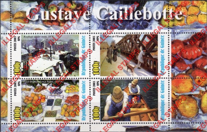 Guinea Republic 2003 Paintings by Gustave Caillebotte Illegal Stamp Souvenir Sheet of 4 Guinea Republic 2003 Paintings by Gustave Caillebotte Illegal Stamp Souvenir Sheet of 4