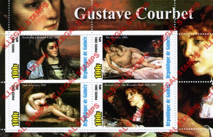 Guinea Republic 2003 Paintings by Gustave Courbet Illegal Stamp Souvenir Sheet of 4 Guinea Republic 2003 Paintings by Gustave Courbet Illegal Stamp Souvenir Sheet of 4