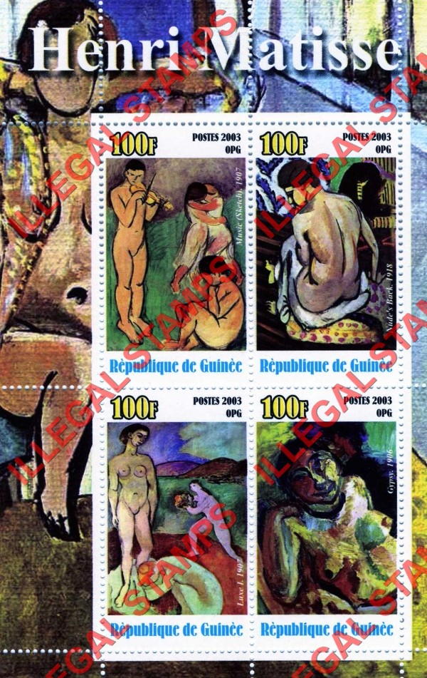 Guinea Republic 2003 Paintings by Henri Matisse Illegal Stamp Souvenir Sheet of 4 Guinea Republic 2003 Paintings by Henri Matisse Illegal Stamp Souvenir Sheet of 4