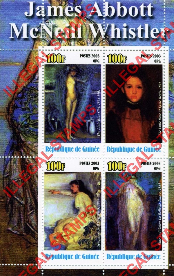 Guinea Republic 2003 Paintings by James Abbott McNeill Whistler Illegal Stamp Souvenir Sheet of 4 Guinea Republic 2003 Paintings by James Abbott McNeill Whistler Illegal Stamp Souvenir Sheet of 4