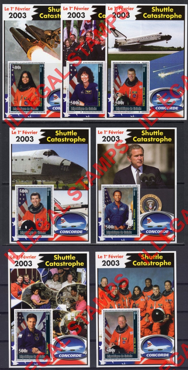 Guinea Republic 2003 Space Shuttle Disaster Illegal Stamp Souvenir Sheets of 1 Guinea Republic 2003 Space Shuttle Disaster Illegal Stamp Souvenir Sheets of 1