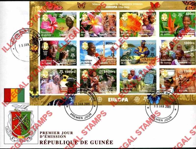 Guinea Republic 2005 EUROPA 2006 50th Anniversary Illegal Stamp Souvenir Sheet of 12 on Fake First Day Cover Guinea Republic 2005 EUROPA 2006 50th Anniversary Illegal Stamp Souvenir Sheet of 12 on Fake First Day Cover