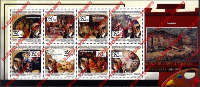 Guinea Republic 2009 Paintings Art by Adolphe Joseph Thomas Monticelli Illegal Stamp Souvenir Sheet of 8 Guinea Republic 2009 Paintings Art by Adolphe Joseph Thomas Monticelli Illegal Stamp Souvenir Sheet of 8