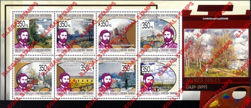 Guinea Republic 2009 Paintings Art by Alfred Sisley Illegal Stamp Souvenir Sheet of 8 Guinea Republic 2009 Paintings Art by Alfred Sisley Illegal Stamp Souvenir Sheet of 8