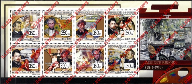 Guinea Republic 2009 Paintings Art by Auguste Renoir Illegal Stamp Souvenir Sheet of 8 Guinea Republic 2009 Paintings Art by Auguste Renoir Illegal Stamp Souvenir Sheet of 8