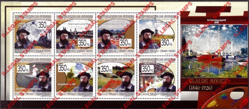 Guinea Republic 2009 Paintings Art by Claude Monet Illegal Stamp Souvenir Sheet of 8 Guinea Republic 2009 Paintings Art by Claude Monet Illegal Stamp Souvenir Sheet of 8