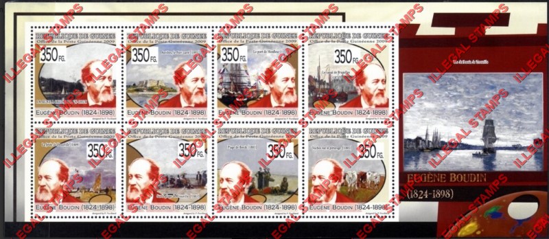 Guinea Republic 2009 Paintings Art by Eugene Boudin Illegal Stamp Souvenir Sheet of 8 Guinea Republic 2009 Paintings Art by Eugene Boudin Illegal Stamp Souvenir Sheet of 8