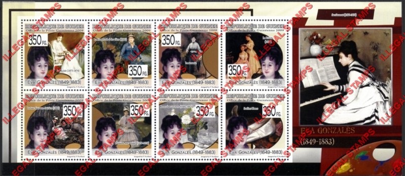 Guinea Republic 2009 Paintings Art by Eva Gonzales Illegal Stamp Souvenir Sheet of 8 Guinea Republic 2009 Paintings Art by Eva Gonzales Illegal Stamp Souvenir Sheet of 8