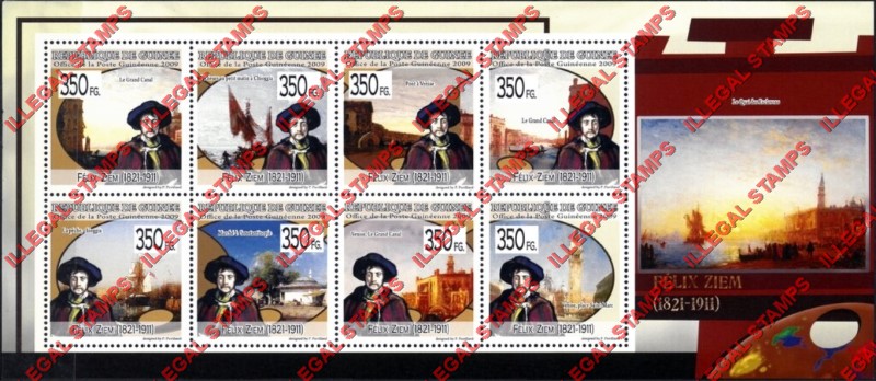 Guinea Republic 2009 Paintings Art by Felix Ziem Illegal Stamp Souvenir Sheet of 8