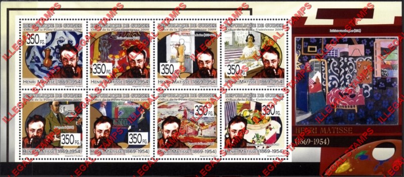 Guinea Republic 2009 Paintings Art by Henri Matisse Illegal Stamp Souvenir Sheet of 8 Guinea Republic 2009 Paintings Art by Henri Matisse Illegal Stamp Souvenir Sheet of 8